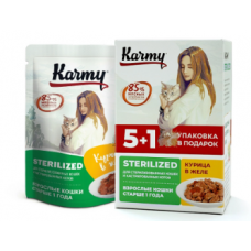 KARMY НАБОР (5+1) STERILIZED корм для стерилизованных кошек и кастрированных котов консервы Курица в желе. Вес: 5х80 г