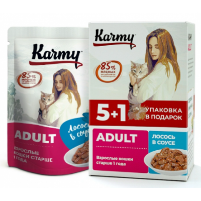 KARMY НАБОР (5+1) ADULT корм для кошек консервы Лосось в соусе. Вес: 5х80 г